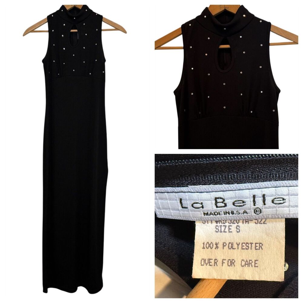 VTG 90s La Belle Black Maxi Dress High Slit Keyhole Rhinestone Vampy Goth Prom S